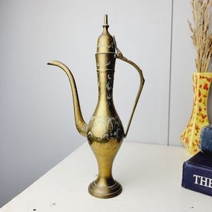 Vintage Solid Brass Teapot Genie Lamp Pitcher Ornate Etched 10”